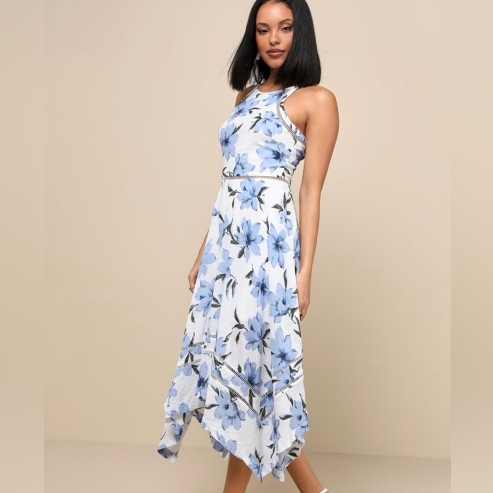 Zahara blue and white floral print midi dress from Lulus! Size XL